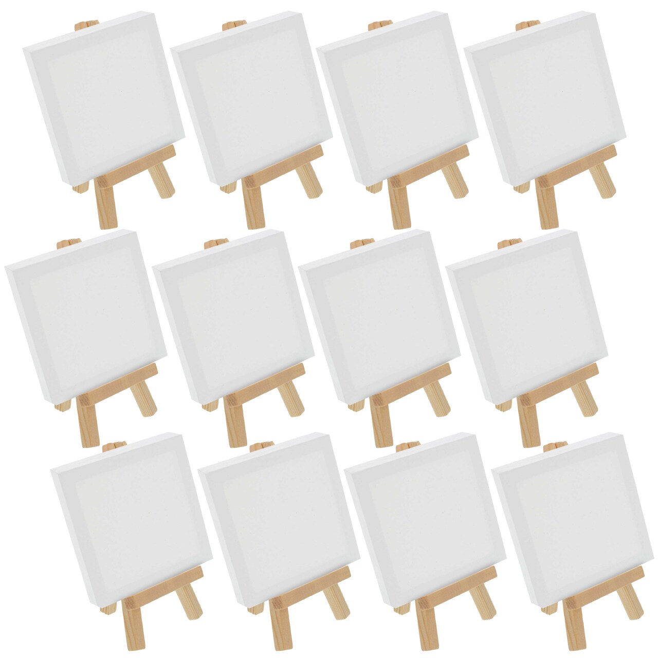 3" x 3" Stretched Canvas with 5" Mini Easel Kit (12 Pack) - Natural Wooden A-Frame Tabletop Display Stand, Mini Easel Stand - Small Easels for Display, Small Canvases, Crafts, Photos